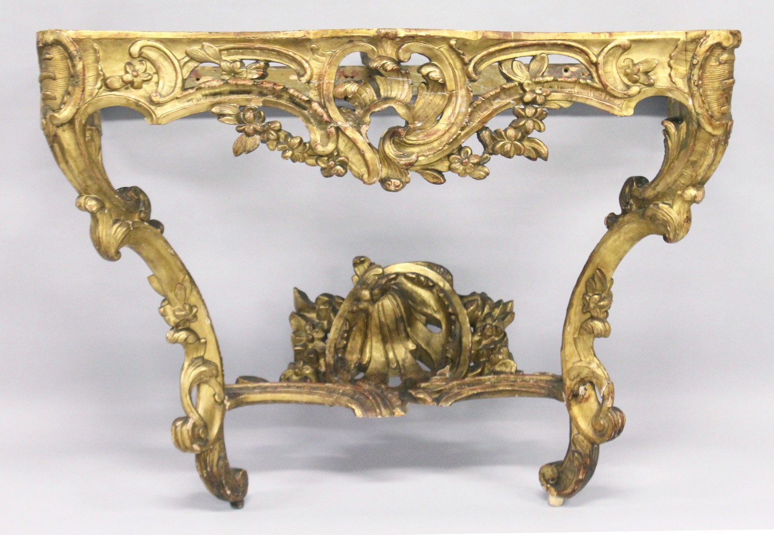 A VERY GOOD NEAR PAIR OF 18TH CENTURY CARVED AND GILDED CONSOLE TABLES with serpentine marble - Image 6 of 15