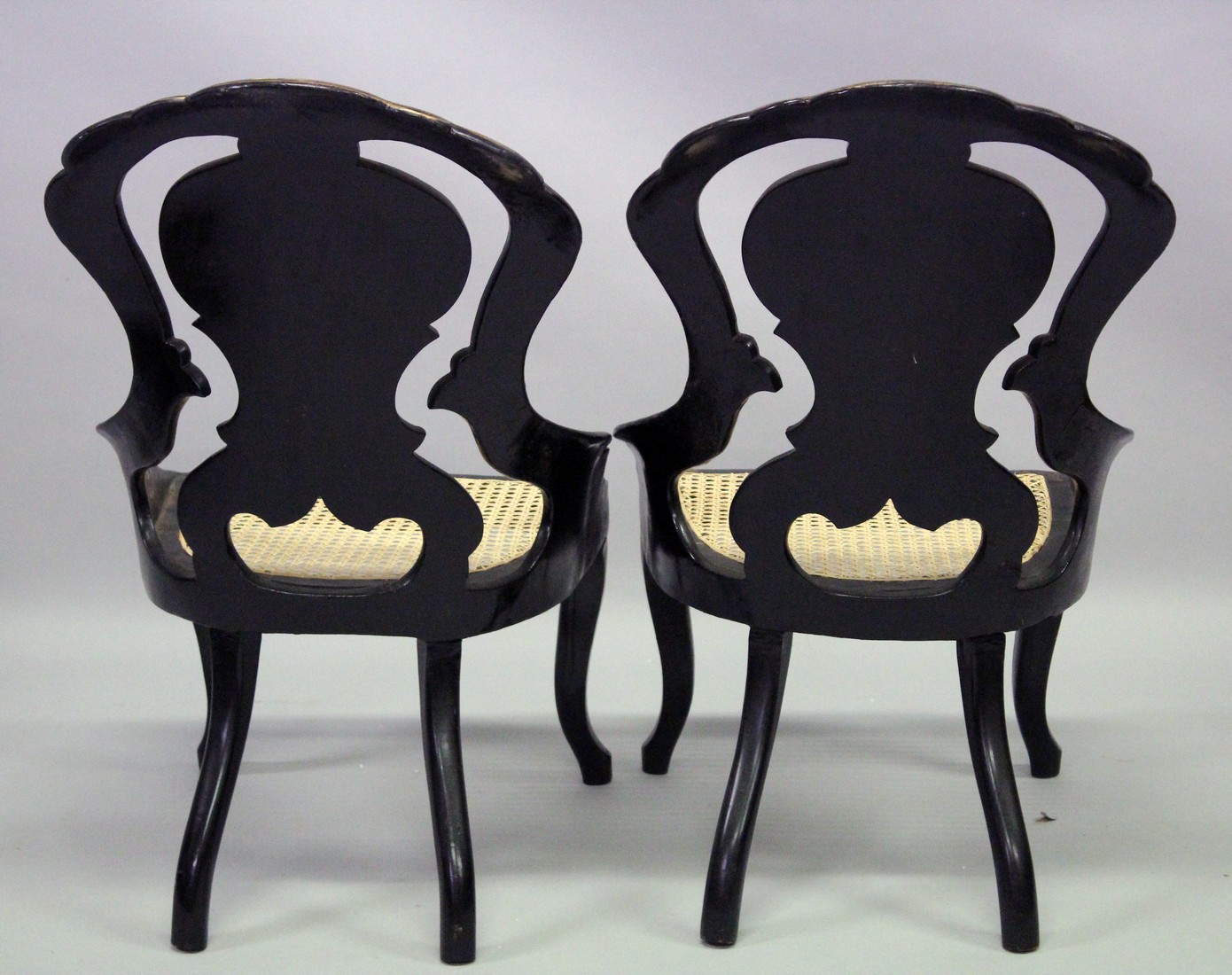 A GOOD PAIR OF VICTORIAN BLACK PAPIER MACHE CHAIRS painted with flowers and inlaid with mother of - Image 6 of 6