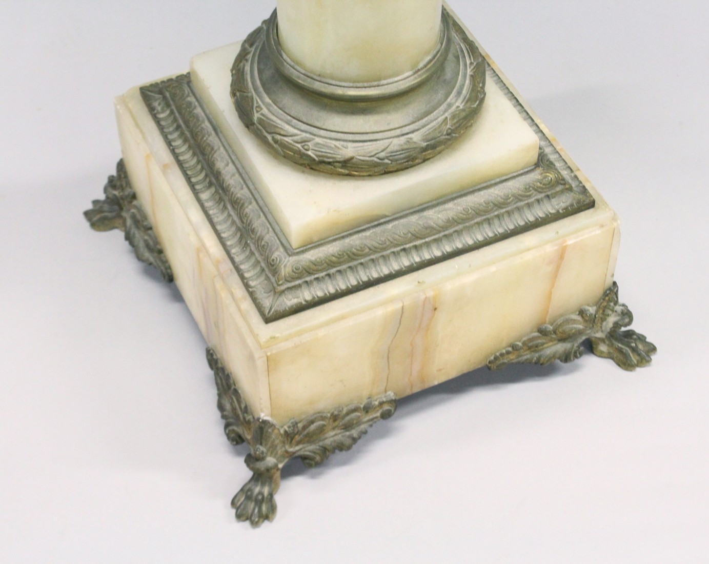 A GOOD ONYX AND BRASS SQUARE TOP COLUMN, the base on claw feet. 3ft 7ins high, top 1ft square. - Image 6 of 12
