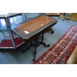 A VICTORIAN EBONISED AND BURRWOOD FOLD OVER CARD TABLE. 3ft wide x1ft 6ins deep x 2ft 5.5ins high