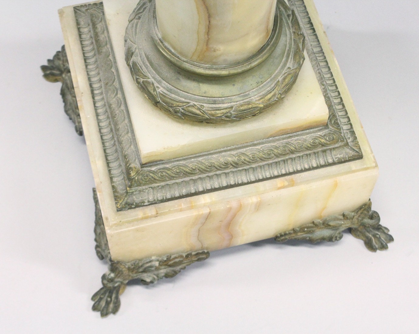 A GOOD ONYX AND BRASS SQUARE TOP COLUMN, the base on claw feet. 3ft 7ins high, top 1ft square. - Image 3 of 12