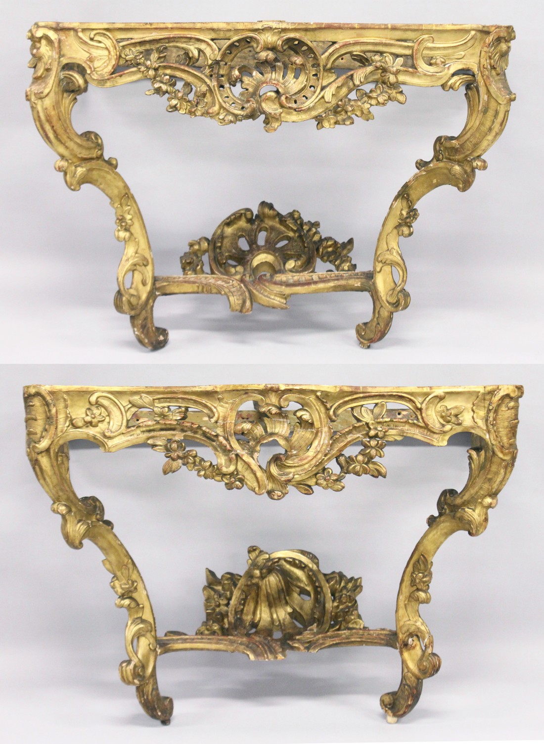 A VERY GOOD NEAR PAIR OF 18TH CENTURY CARVED AND GILDED CONSOLE TABLES with serpentine marble