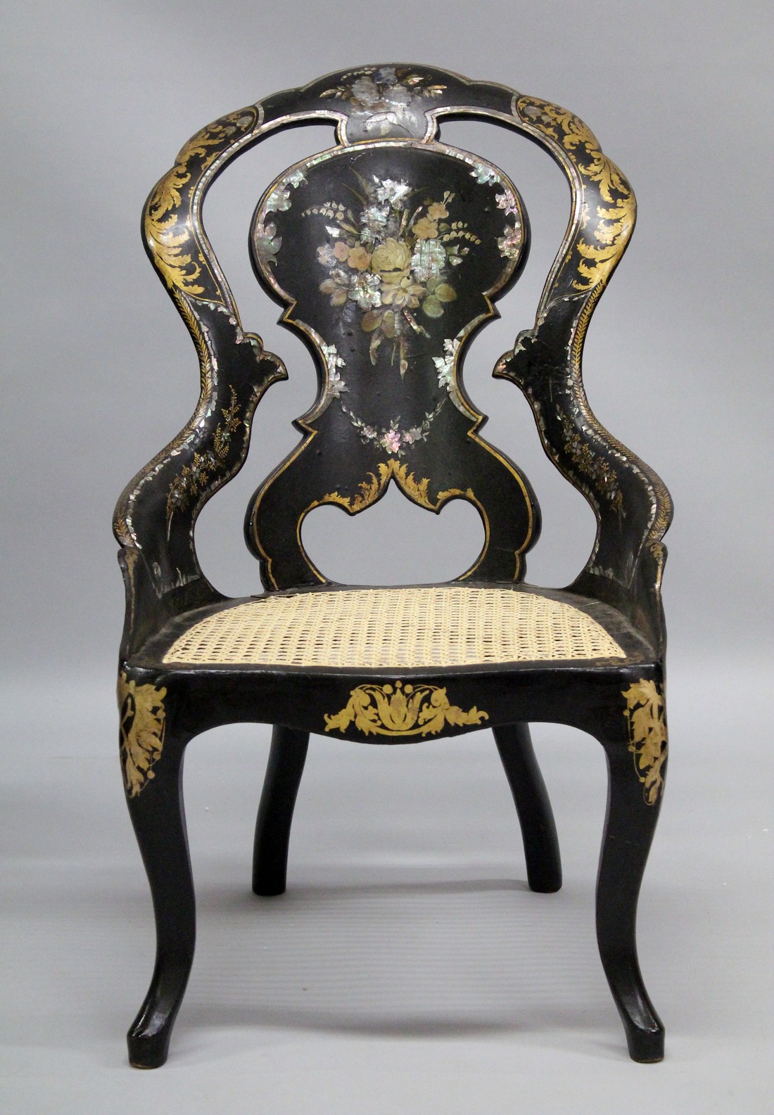 A GOOD PAIR OF VICTORIAN BLACK PAPIER MACHE CHAIRS painted with flowers and inlaid with mother of - Image 4 of 6