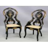 A GOOD PAIR OF VICTORIAN BLACK PAPIER MACHE CHAIRS painted with flowers and inlaid with mother of