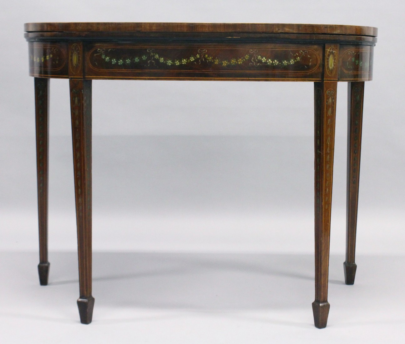 A GEORGIAN SHERATON REVIVAL MAHOGANY CARD TABLE painted with garlands and flowers with banded top - Image 2 of 8