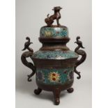 A LARGE CHINESE BRONZE AND CLOISONNE LIDDED CENSER with lion mounts.