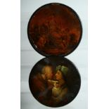 TWO VICTORIAN PAPIER MACHE CIRCULAR BOXES AND COVERS. 4ins & 3.75ins diameter.