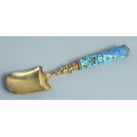 A GOOD RUSSIAN SILVER GILT AND ENAMEL SPOON. Mark: Head & 84.