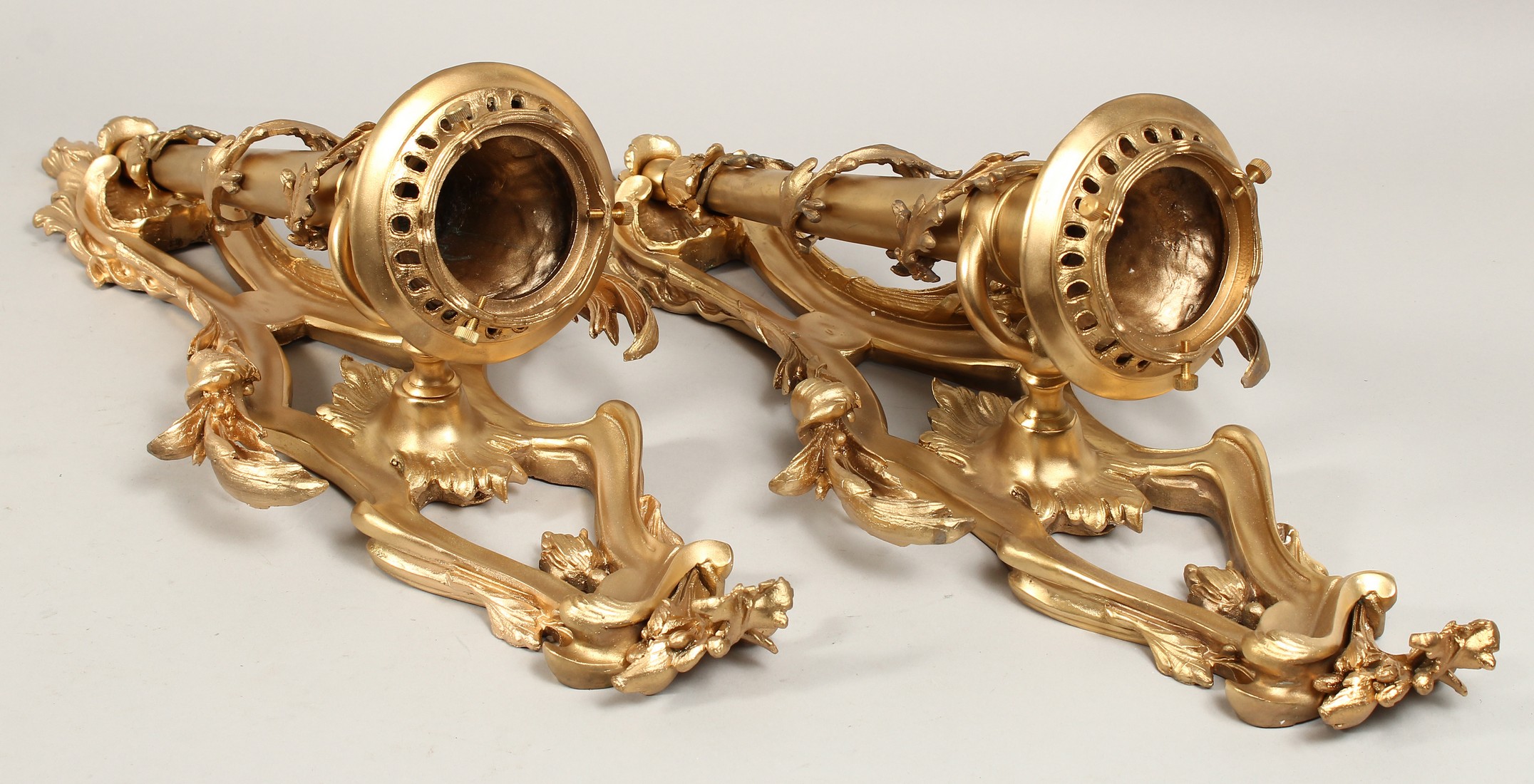 A GOOD PAIR OF GILT BRONZE SCONCES, AS TORCHES with acanthus scrolls. - Image 2 of 3