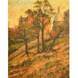 20th Century French School, a view towards Montmartre through trees, oil on board, 16" x 13" (41 x