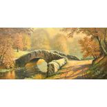 20th Century French school, a stone bridge in an autumnal landscape, oil on canvas, indistinctly