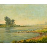 20th Century French school, a lake side scene, oil on board, indistinctly signed, 15.75" x 19.75" (