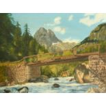 Gaston Moreau, bridge over an alpine river, oil on canvas, signed, 18" x 24" (46 x 61cm).