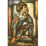 Manzone, study of a kneeling child in a harlequin outfit, oil on canvas, signed, 28.75" x 19.75" (73