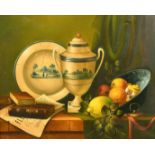 20th Century French School, a still life of mixed objects on a shelf, oil on canvas, indistinctly