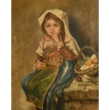 19th Century French school, a young girl holding fruit, oil on canvas, 16" x 12.75" (40 x 32cm).