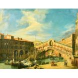 Roberto Cesari, a view of the Rialto Bridge, Venice, oil on canvas, laid down, 19.75" x 25.5" (50