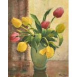 20th Century French School, a still life of tulips in a vase, oil on board, indistinctly signed, 18"