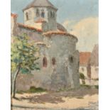 20th Century French School, a view of village buildings, oil on panel, indistinctly signed, 16" x