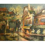 20th Century French School, figures on a city street, oil on canvas, indistinctly signed and