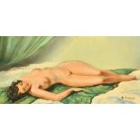 B. Robert, a study of a sleeping female nude, oil on canvas, signed, 12" x 23.75" (30 x 60cm).