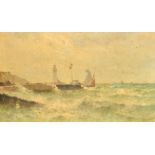 Thomas Webber, boats leaving port, oil on canvas, signed, 13" x 21.75" (33 x 55cm).