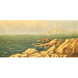 Calvo, circa 1926, a sailboat approaching a rocky coastline, oil on canvas, signed, 19.75" x 41.