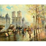 T. Martorell, stalls along the river Seine, oil on canvas, 13" x 16" (33 x 40cm).