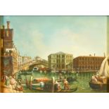 20th Century School, figures on gondolas with the Rialto Bridge in the distance, oil on panel,