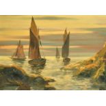 20th Century French School, boats along a rocky coastline at dusk, oil on board, indistinctly