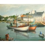 Y. Poulain, circa 1955, fishing boats moored on a town quay, oil on canvas, signed, 19.75" x 24" (50