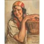 Roux Abougit, Study of a lady leaning on a basket, oil on panel, signed, 18" x 15" (46 x 38cm).