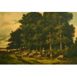 19th Century, Barbizon School, a shepherd and his flock in a clearing, oil on canvas, 13" x 18" (