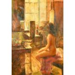 V. Lepret, a female nude in an artist studio, oil on canvas, signed, 35.5" x 23.5" (90 x 60cm).