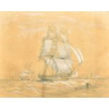 Circle of O.W. Brierly, HMS Pique off the coastline, pencil and gouache, inscribed, indistinctly