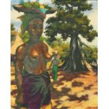 Alauzun, circa 1953, African women carrying fruit, oil on canvas, signed, 18" x 15" (46 x 38cm).