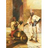 Paul Leroy, an interior scene with Arab figures, oil on panel, signed, 16" x 12" (40 x 30cm).