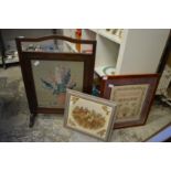 An oak framed needlework fire screen and two other items.