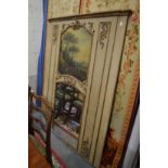 A 19th century troumeau mirror with painted frame, central painted panel depicting classical