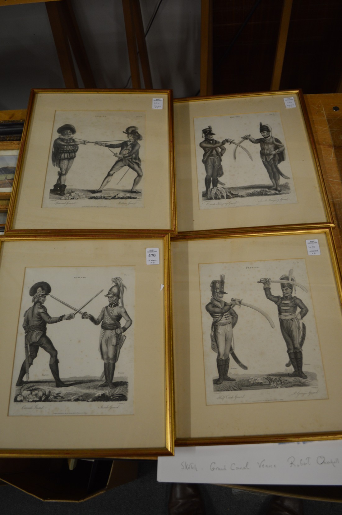 A set of four engravings depicting fencing.