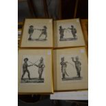 A set of four engravings depicting fencing.