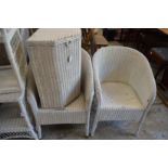 Two Lloyd loom chairs and a linen basket.