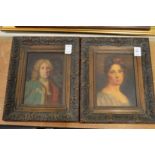 A pair of portraits depicting a man with a wig and a young, possibly oil over print base.