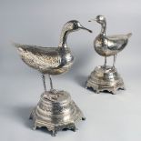 TWO FINE LARGE 19TH CENTURY PERSIAN QAJAR WHITE METAL OPEN WORK DUCK FORMED INCENSE BURNERS, the top