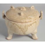 A CHINESE EARTHENWARE TRIPOD CENSER AND COVER, 14cm high.