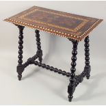 A FINE HISPANO MORESQUE BONE INLAID MARQUETRY TABLE, the rectangular top supported on four bobbin