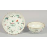 A CHINESE FAMILLE ROSE RIBBED PORCELAIN BOWL AND SAUCER DISH, each painted with crickets and