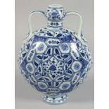 A CHINESE BLUE AND WHITE PORCELAIN TWIN-HANDLED MOON FLASK decorated with multiple panels of