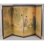 A CHINESE FOUR PANEL FOLDING SCREEN, painted with a continuous image of figures in a garden,