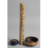 THREE INDIAN KASHMIRI LACQUERED ITEMS, comprising a large pen box, a bowl and a circular lidded box,